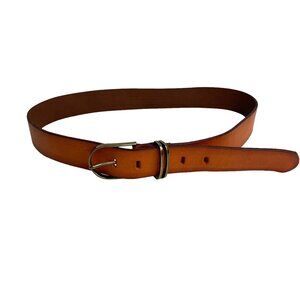 Tan brown leather belt oblong brass buckle double metal loops 1.5 western wmn M